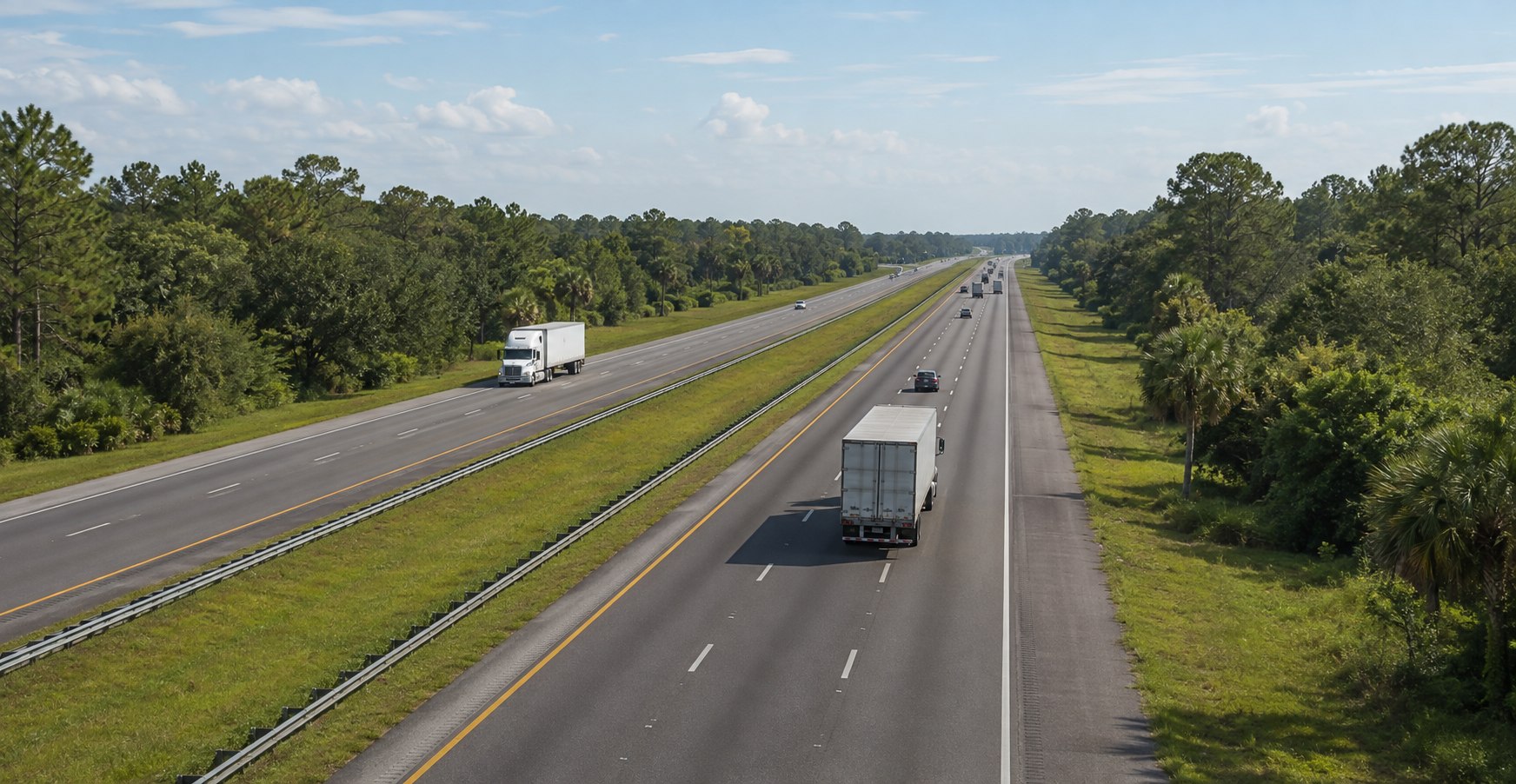 A divided highway passing through green Central Florida vegetation