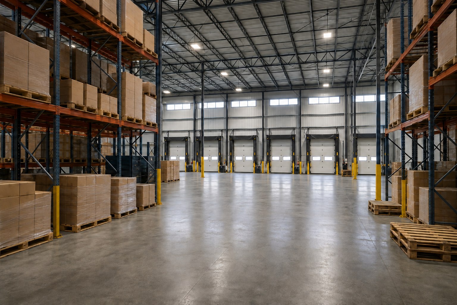 A clean warehouse interior with pallet racks, cartons, and loading doors