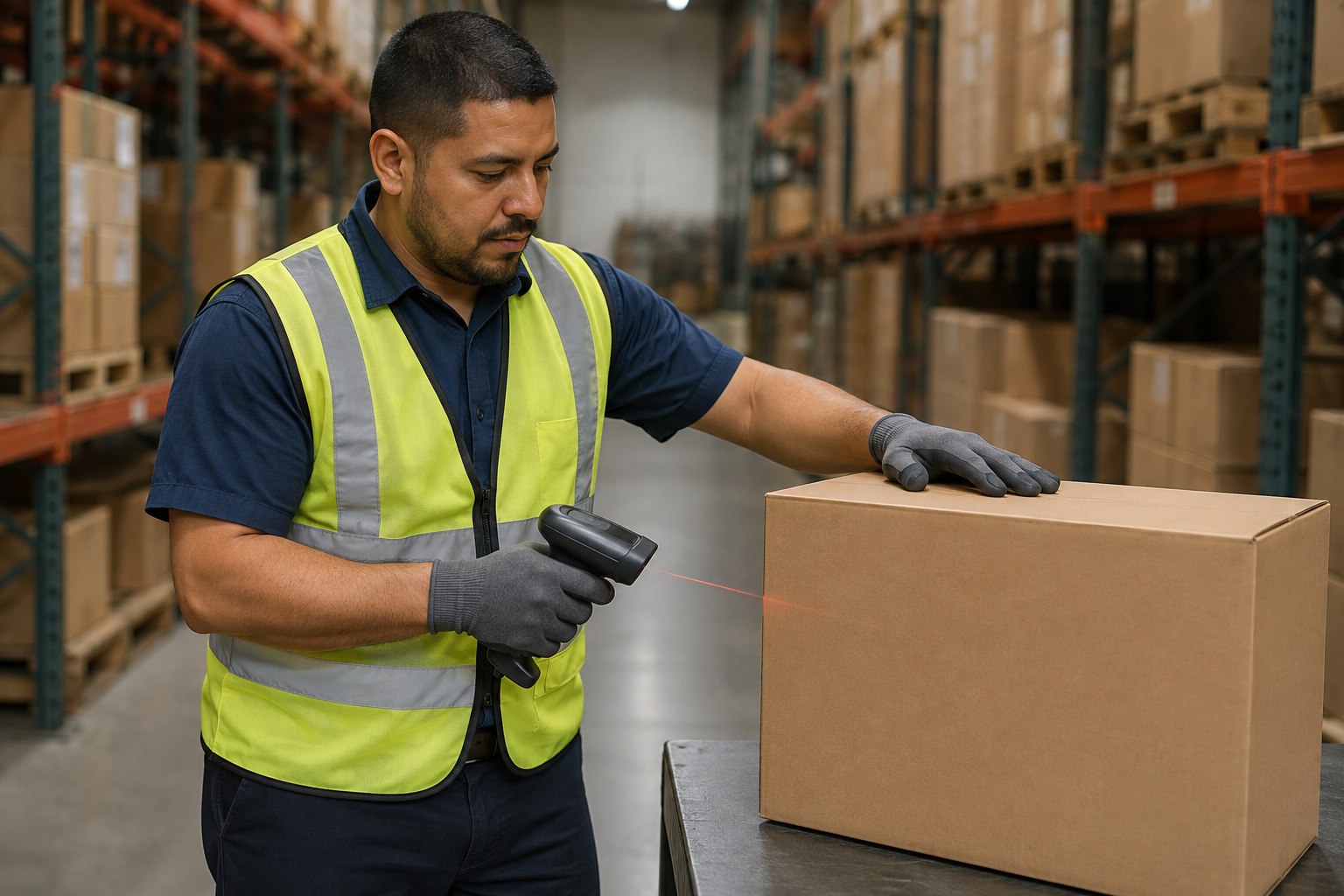 A warehouse worker scanning a plain carton on a worktable